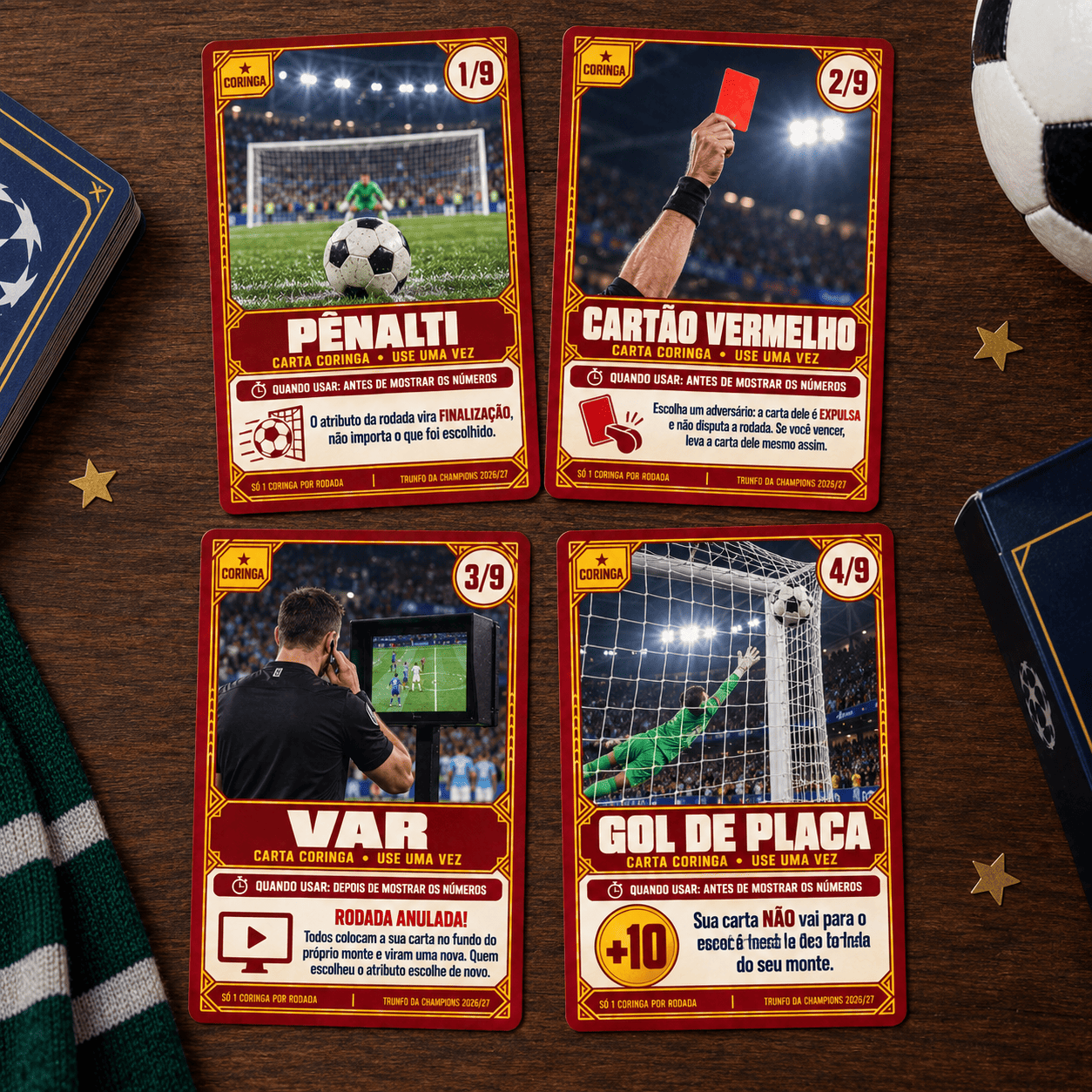 Cartas especiais douradas e de ação do baralho